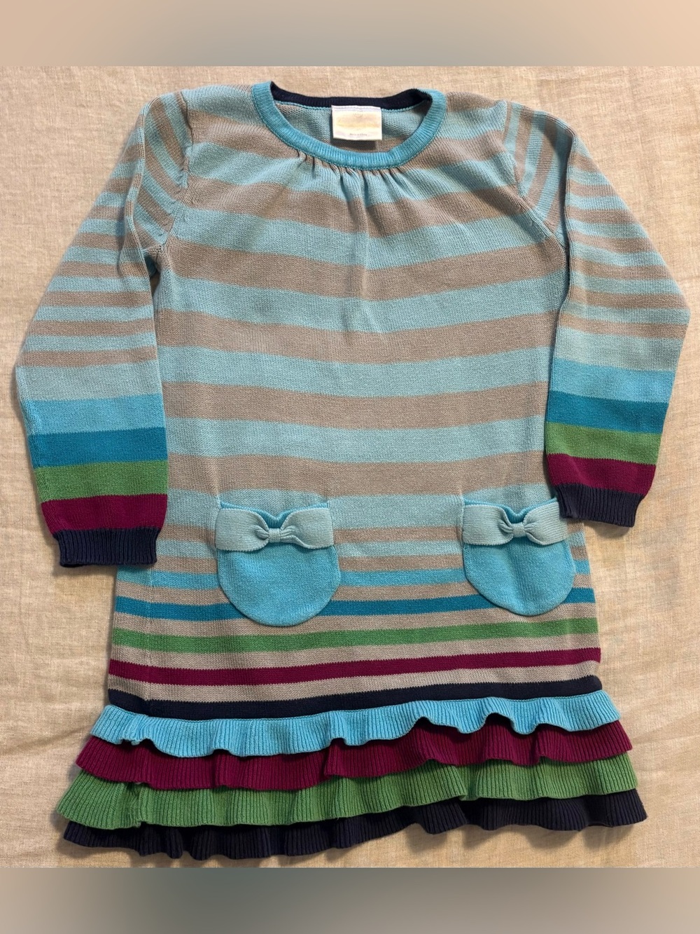 Hanna Andersson Girls 110 Striped Ruffle Hem Sweater Dress